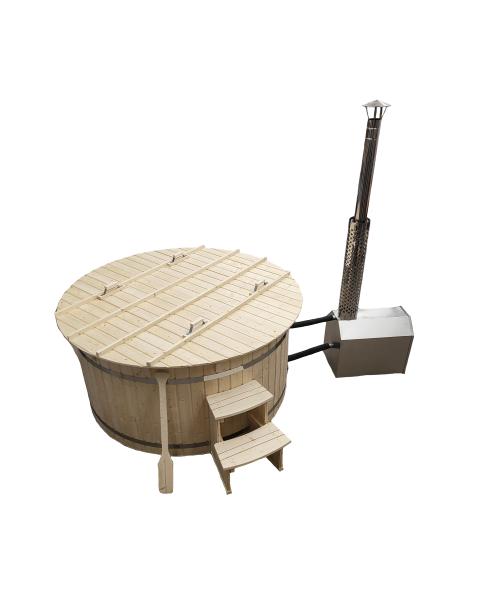 Hot tub 200cm Kunststoffen mit außen Holzofen inklusive, Holzdeckel,Edehlstahl ringe